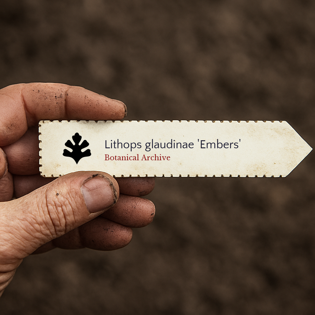 Etichetta per piante stampata per Lithops glaudinae 'Embers' tenuta da una mano sporca con sfondo di terra