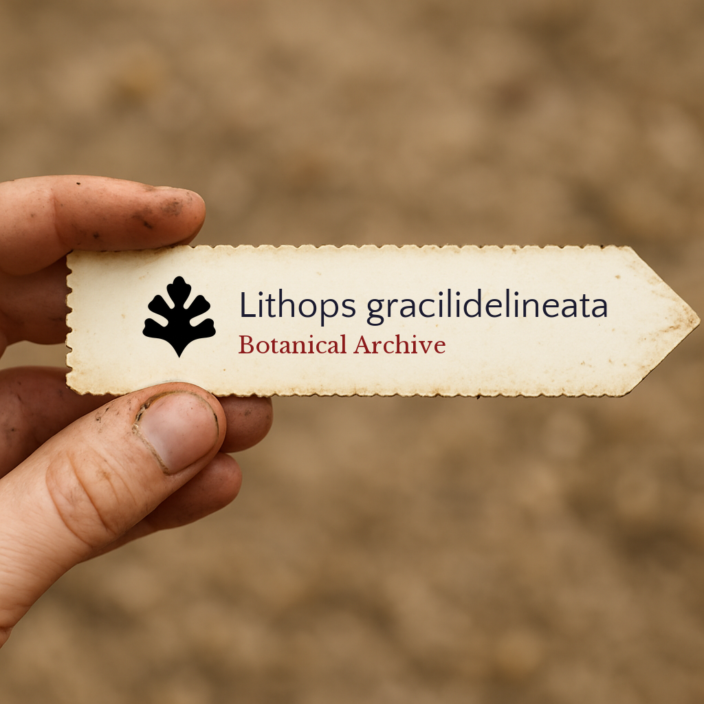Etichetta per pianta stampata per Lithops gracilidelineata tenuta in mano con sfondo di terra