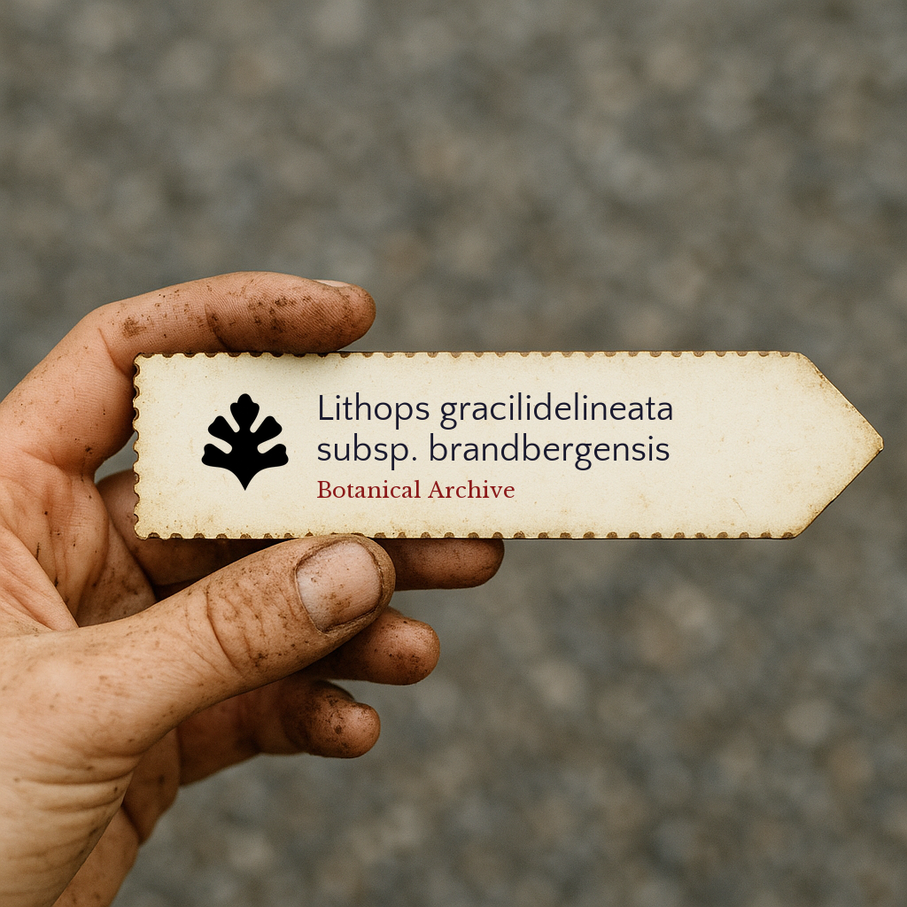Printed plant label for Lithops gracilidelineata subsp. brandbergensis held in dirty hand