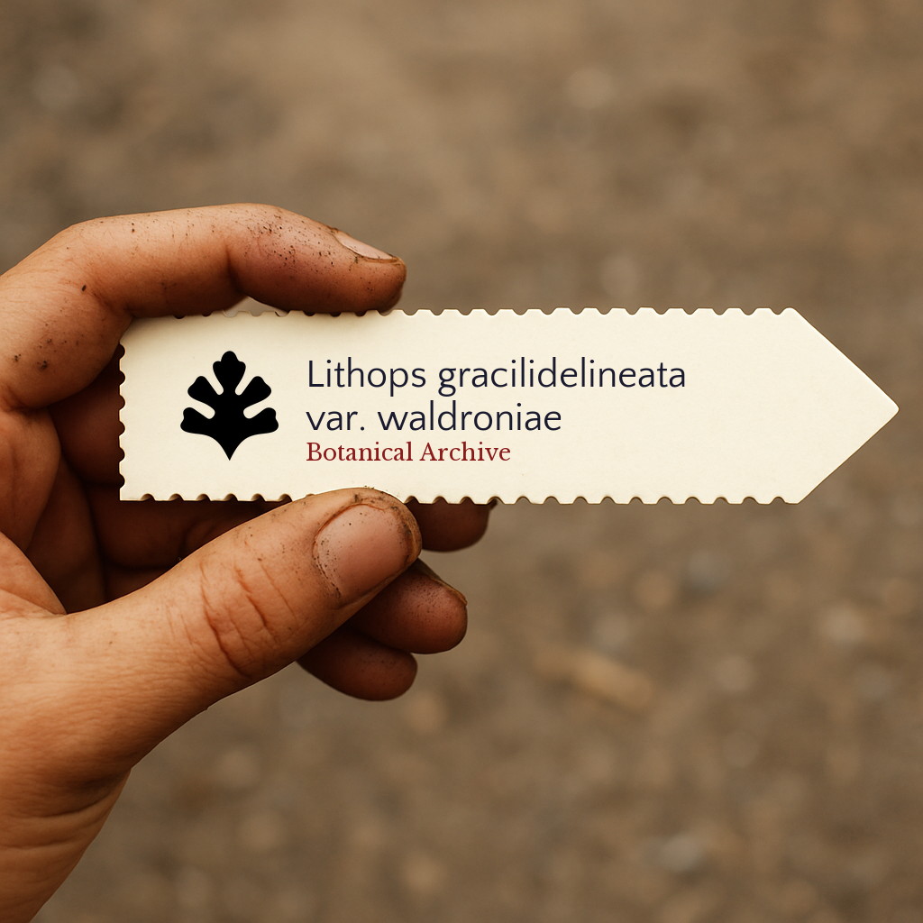 Printed plant label for Lithops gracilidelineata var. waldroniae held by hand with soil background