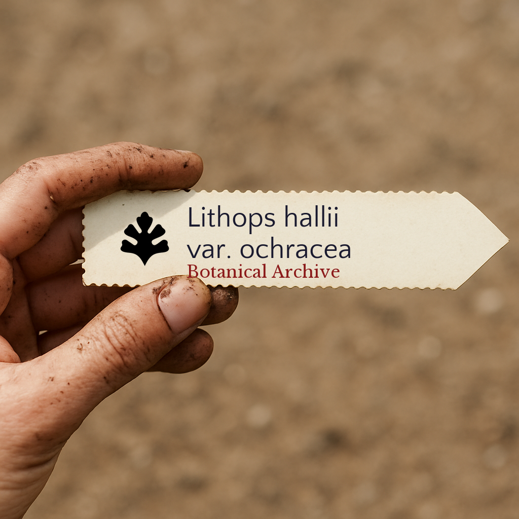 Etichetta stampata per pianta di Lithops hallii var. ochracea tenuta da mano sporca all'aperto