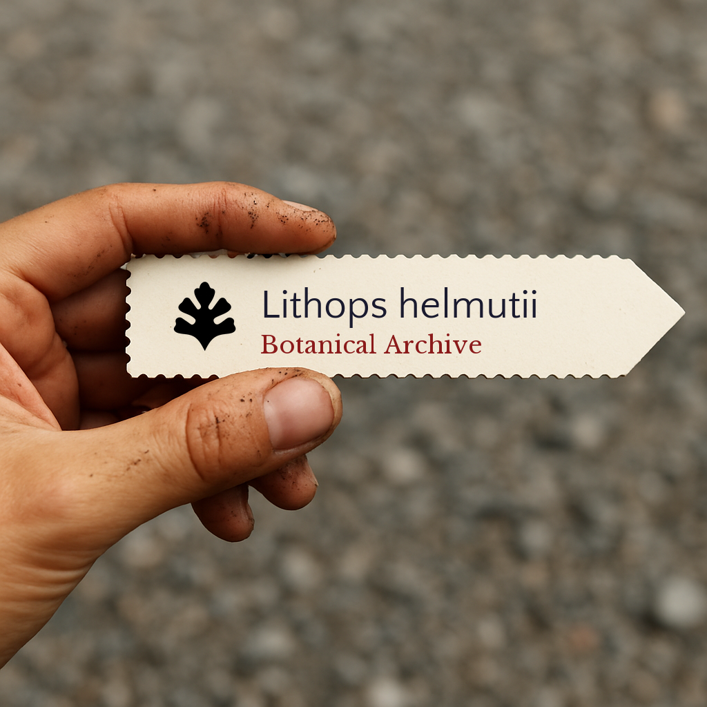 Printed plant label for Lithops helmutii held by hand with soil on fingers