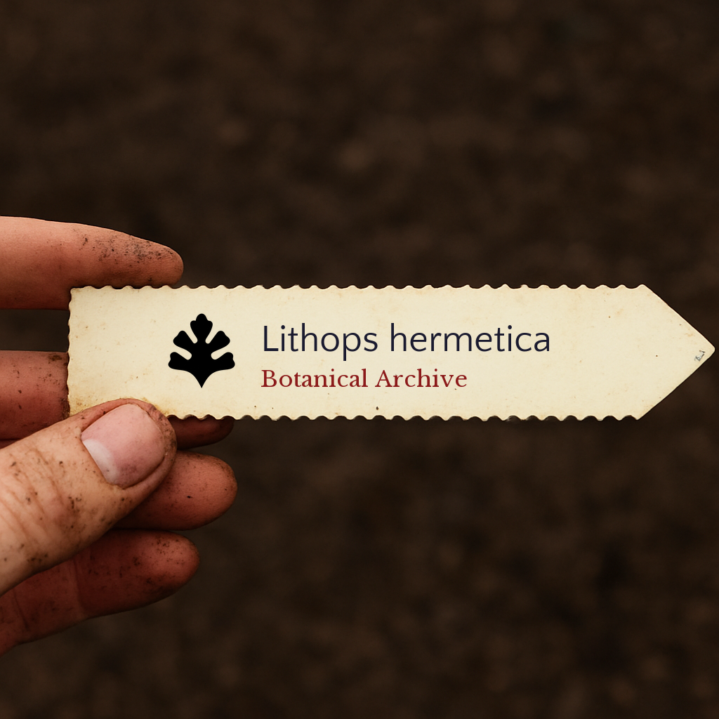 Etichetta per pianta stampata per Lithops hermetica tenuta da mano sporca su sfondo di terreno