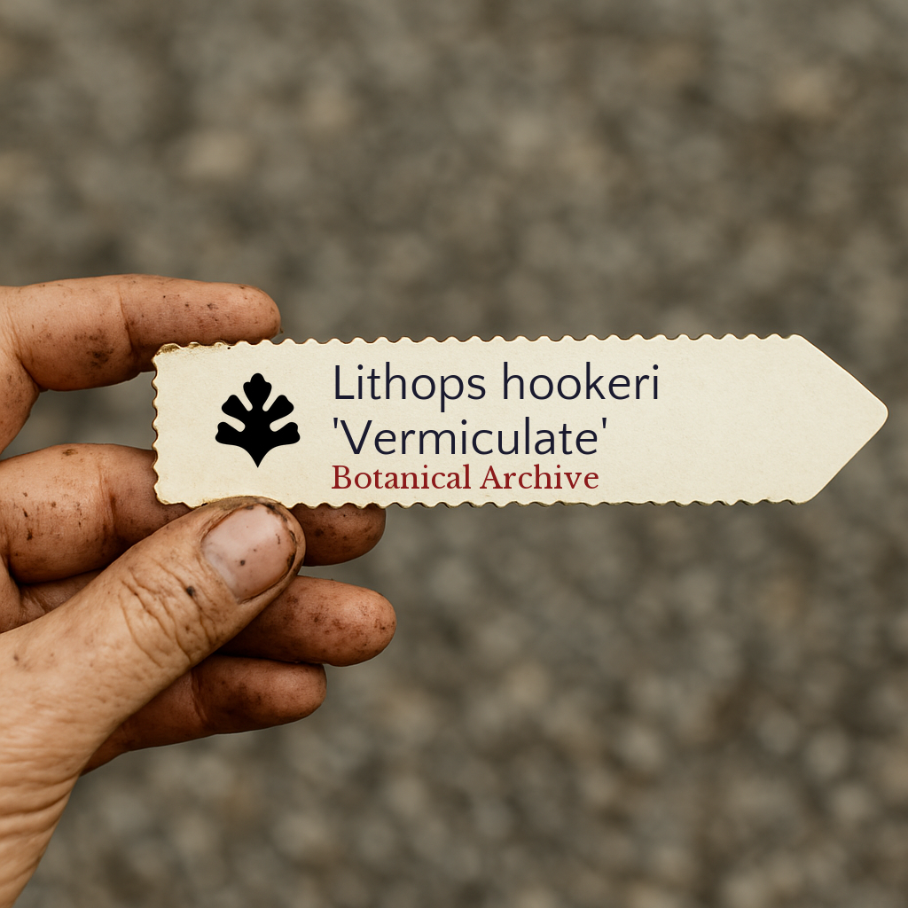 Printed plant label for Lithops hookeri 'Vermiculate' held by dirty hand outdoors