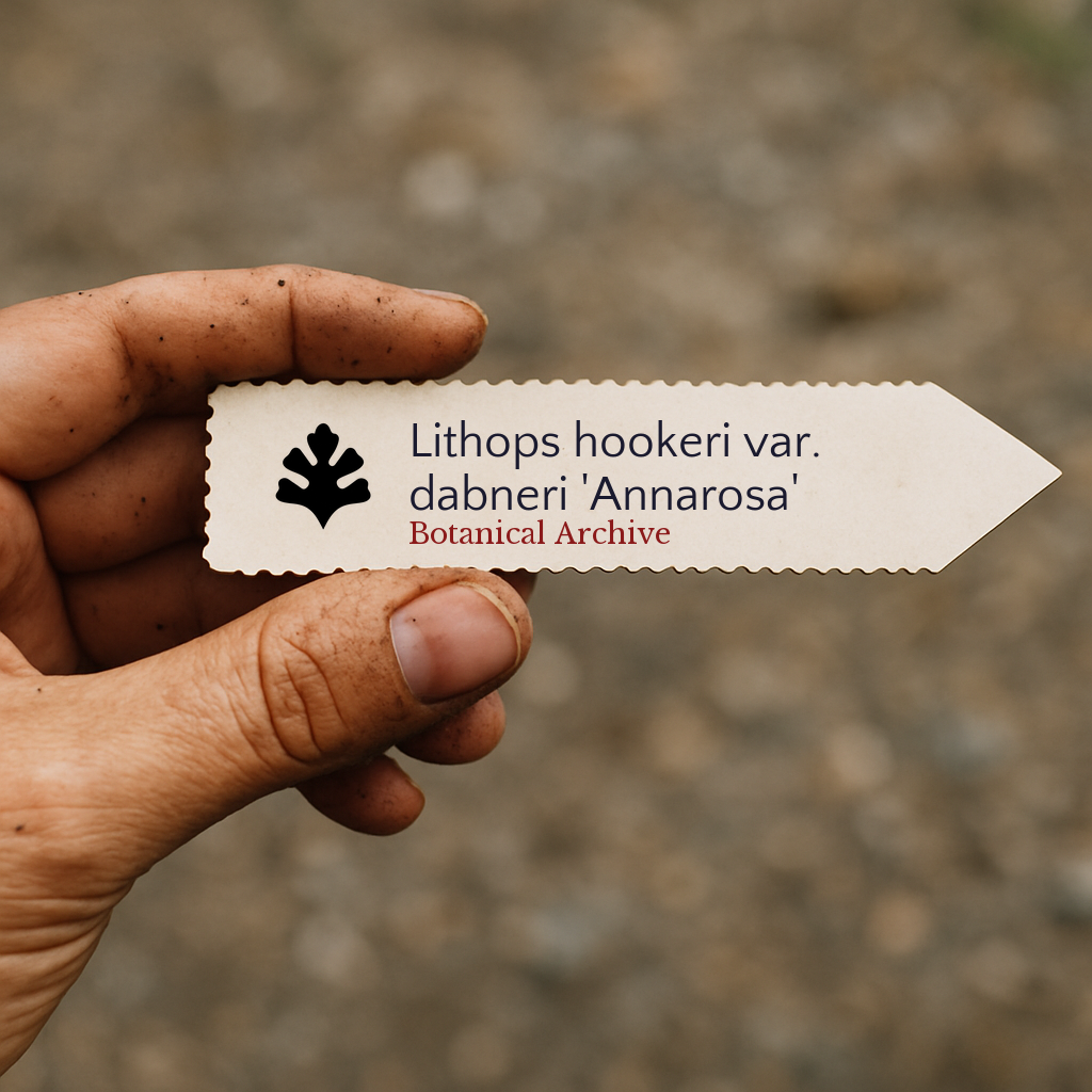 Printed plant label for Lithops hookeri var. dabneri 'Annarosa' held by hand outdoors