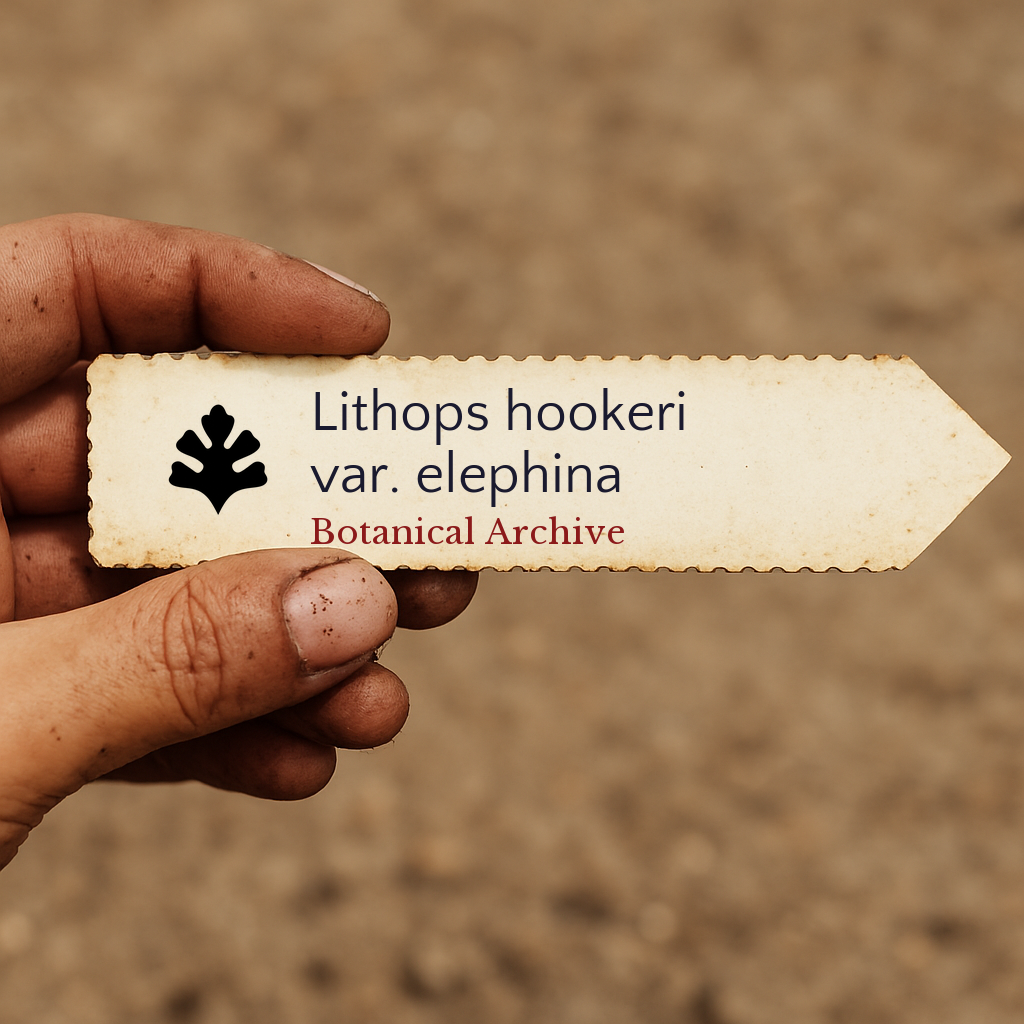 Printed plant label for Lithops hookeri var. elephina held by hand with dirt background