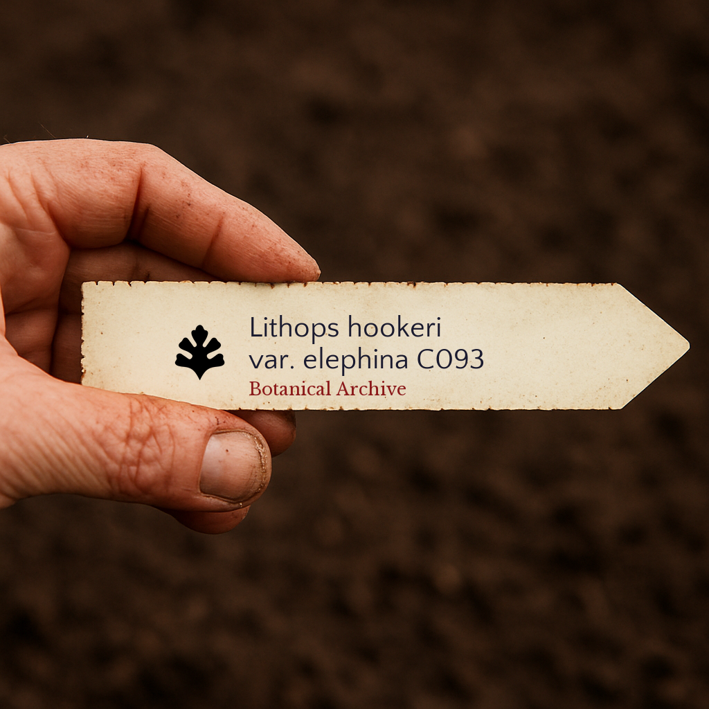 Etichetta per pianta stampata per Lithops hookeri var. elephina C093 su sfondo di terreno