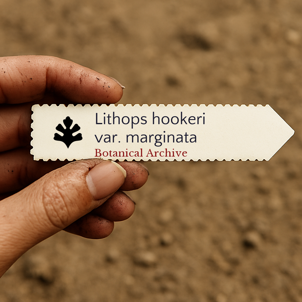 Printed plant label for Lithops hookeri var. marginata held over soil background