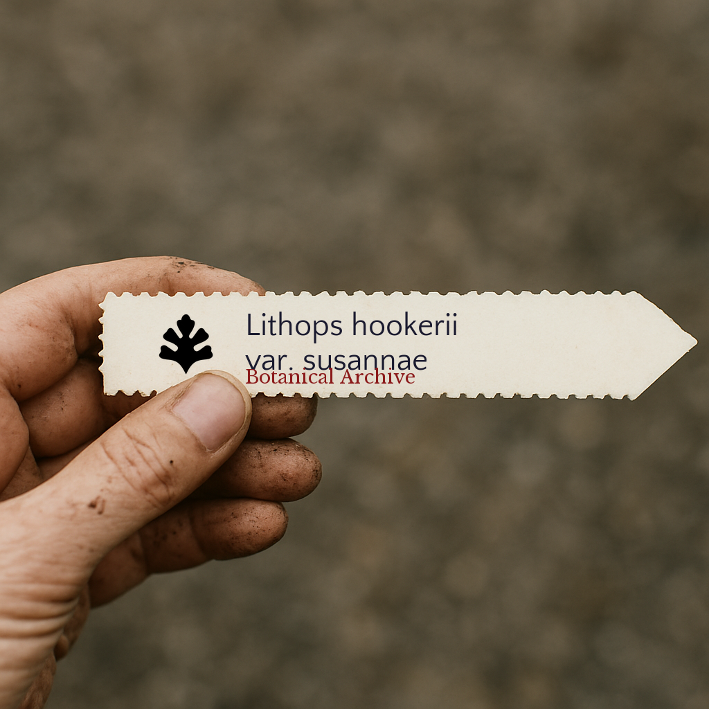 Printed plant label for Lithops hookerii var. susannae held by dirty hand outdoors