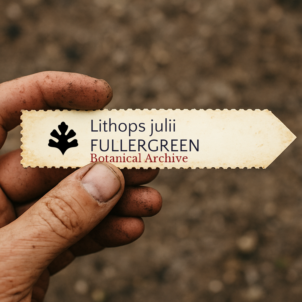 Printed plant label for Lithops julii in a hand with soil background
