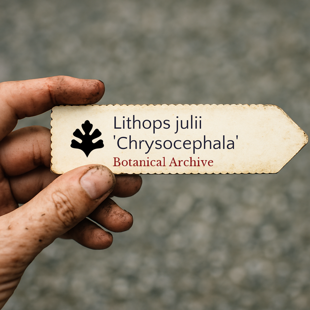 Printed plant label for Lithops julii 'Chrysocephala' held by hand with dirt on fingers