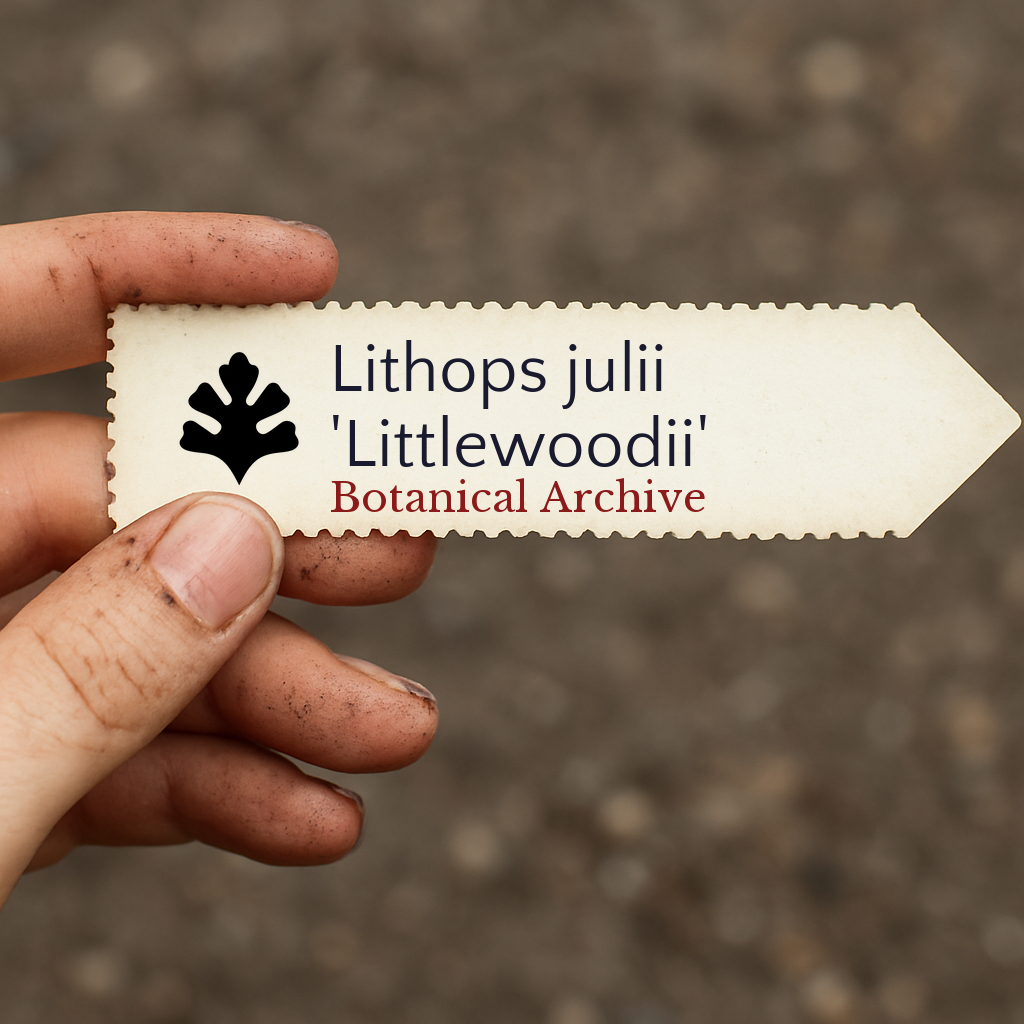 Etichetta vegetale stampata per Lithops julii 'Littlewoodii' tenuta a mano con sfondo di terreno