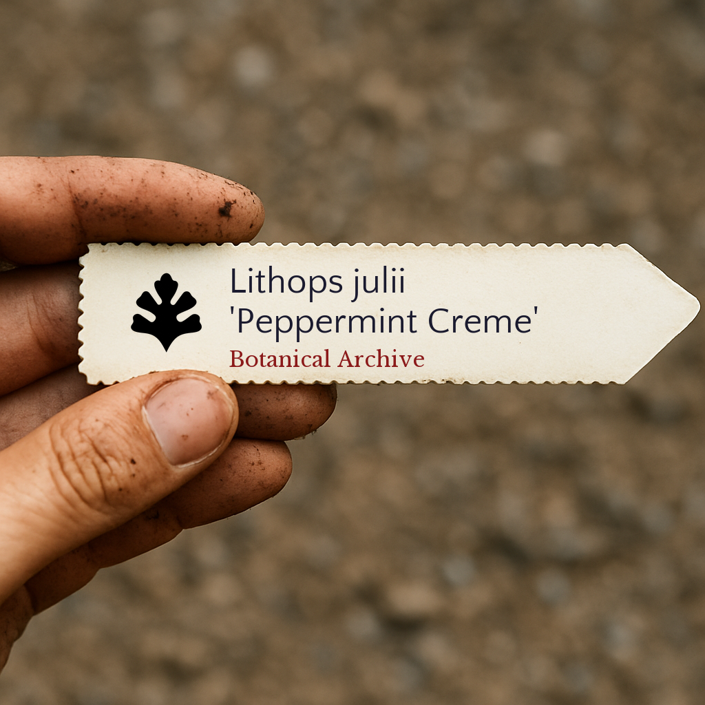 Etichetta stampata per pianta di Lithops julii 'Peppermint Creme' tenuta da mano sporca all'aperto