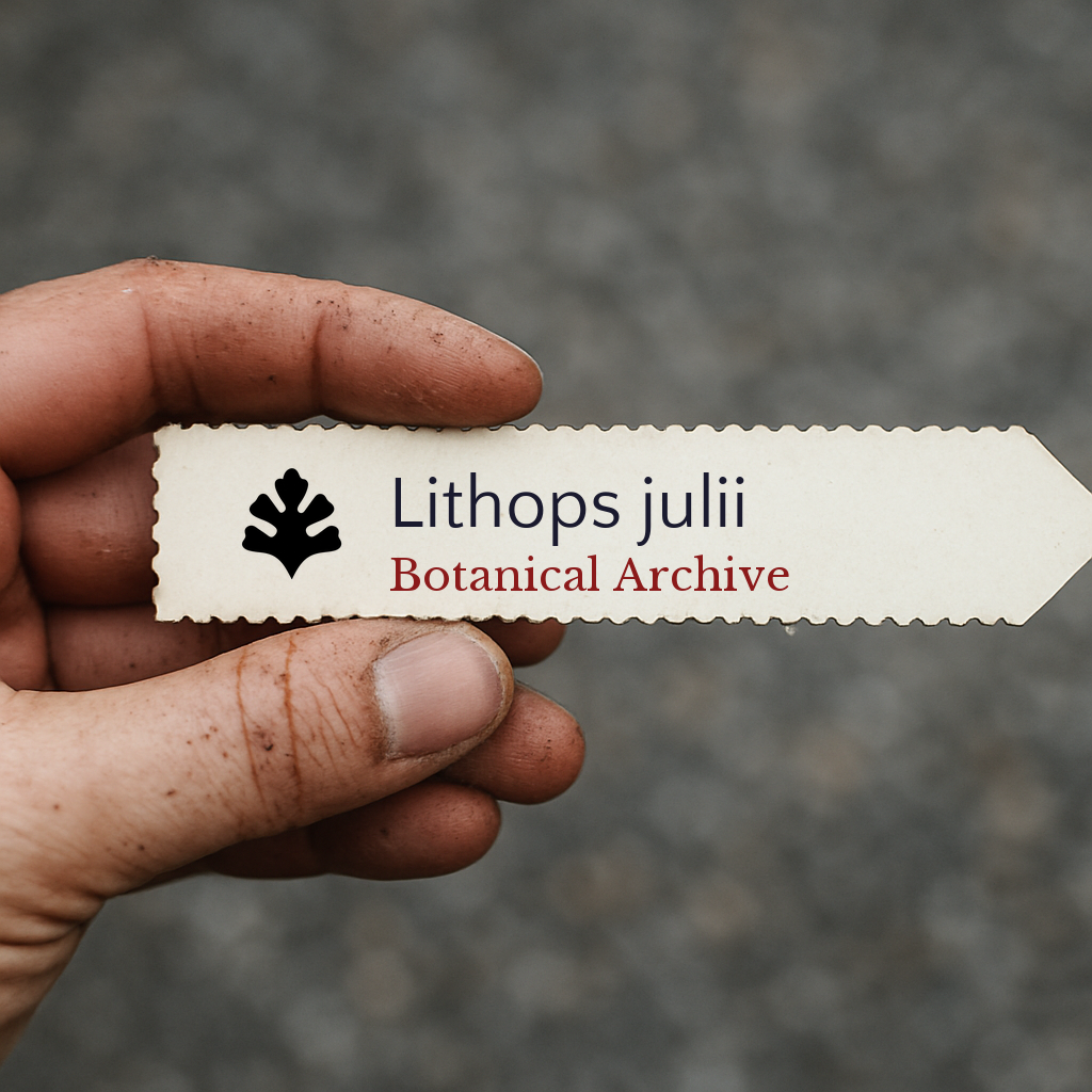 Printed plant label for Lithops julii held by dirty hand against blurred background