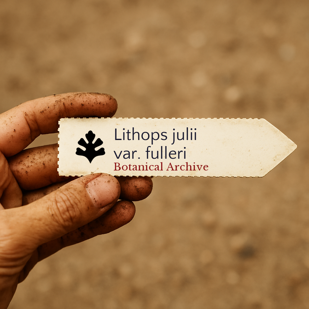 Printed plant label for Lithops julii var. fulleri held by dirty hand outdoors