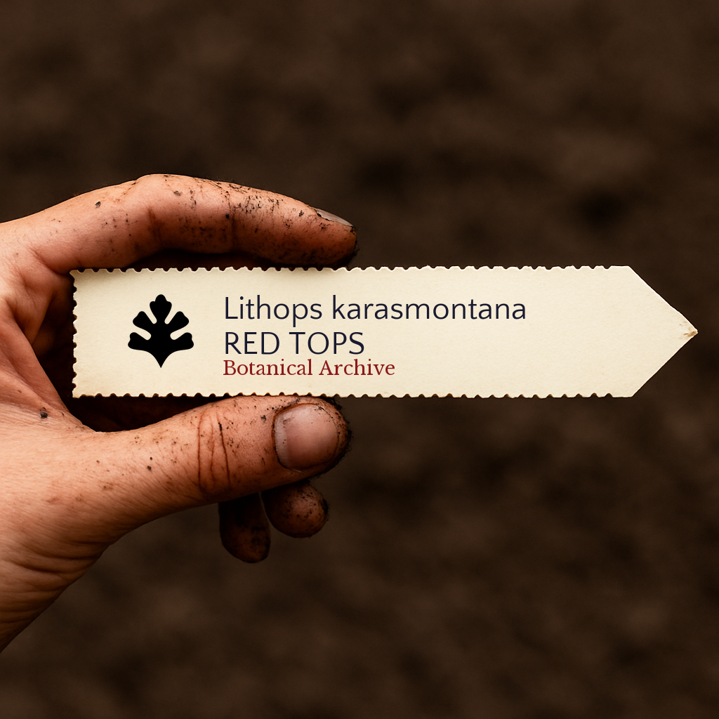 Printed plant label for Lithops karasmontana held by dirty hand over soil background