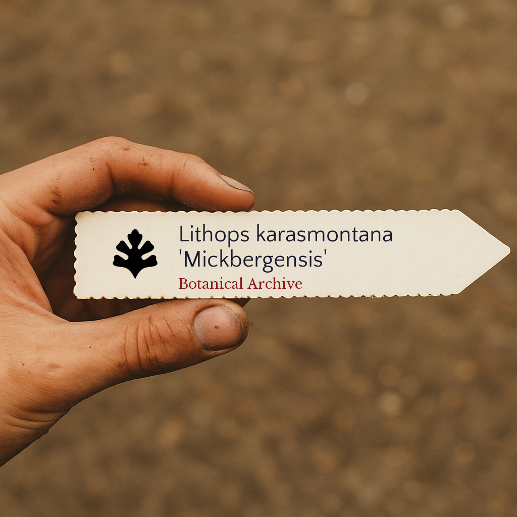 Printed plant label for Lithops karasmontana 'Mickbergensis' held in hand outdoors