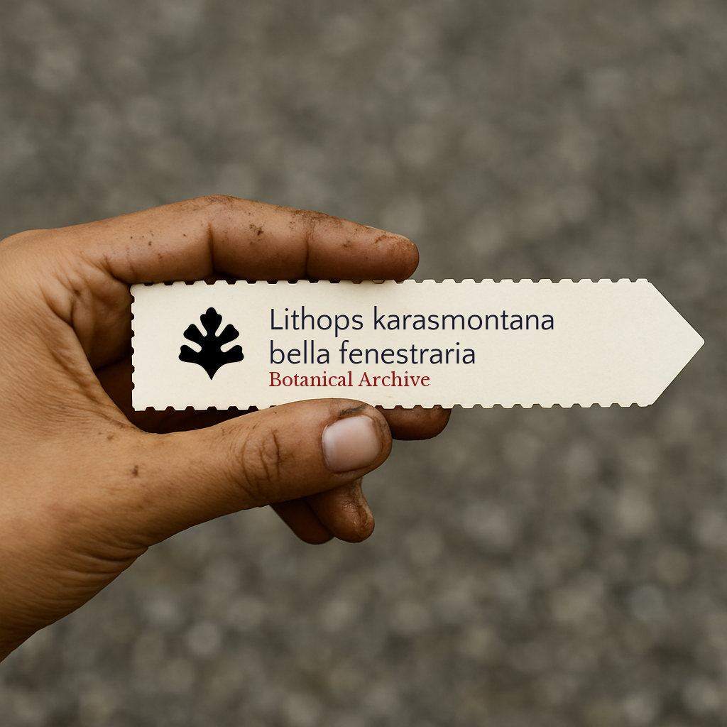 Printed plant label for Lithops karasmontana bella fenestraria held by hand with dirt