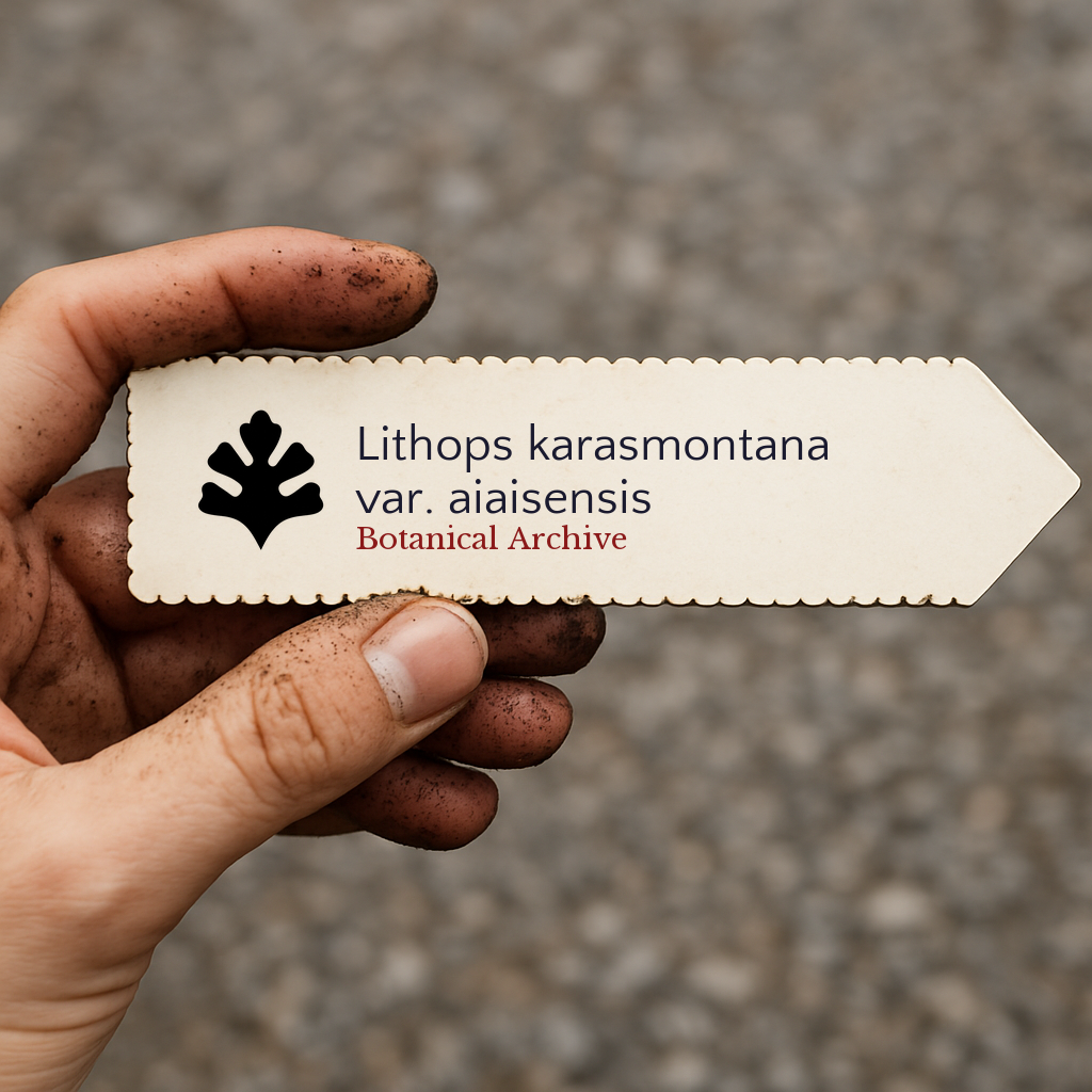 Printed plant label for Lithops karasmontana var. aiaisensis held by dirty hand