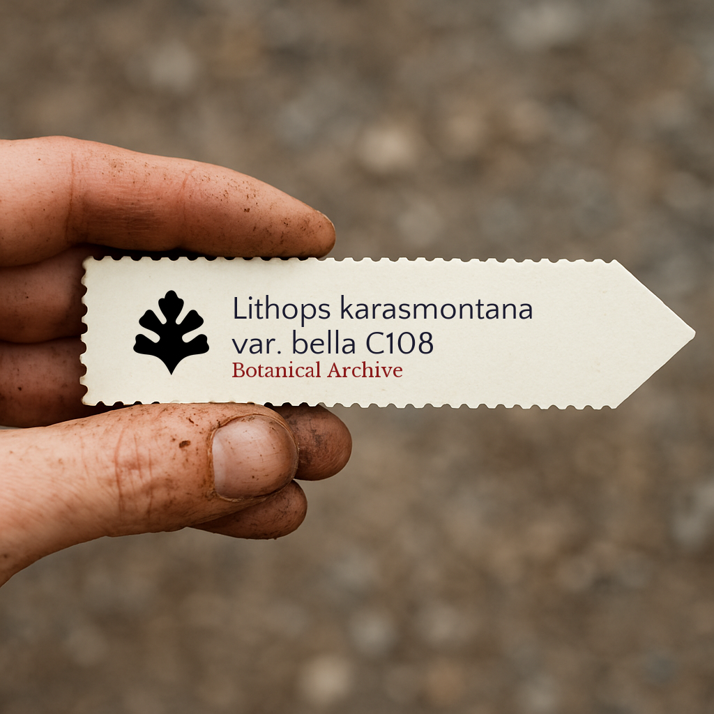 Printed plant label for Lithops karasmontana var. bella C108 held by dirty hand