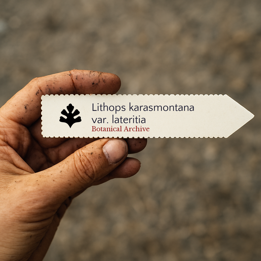 Printed plant label for Lithops karasmontana var. lateritia held by dirty hand outdoors