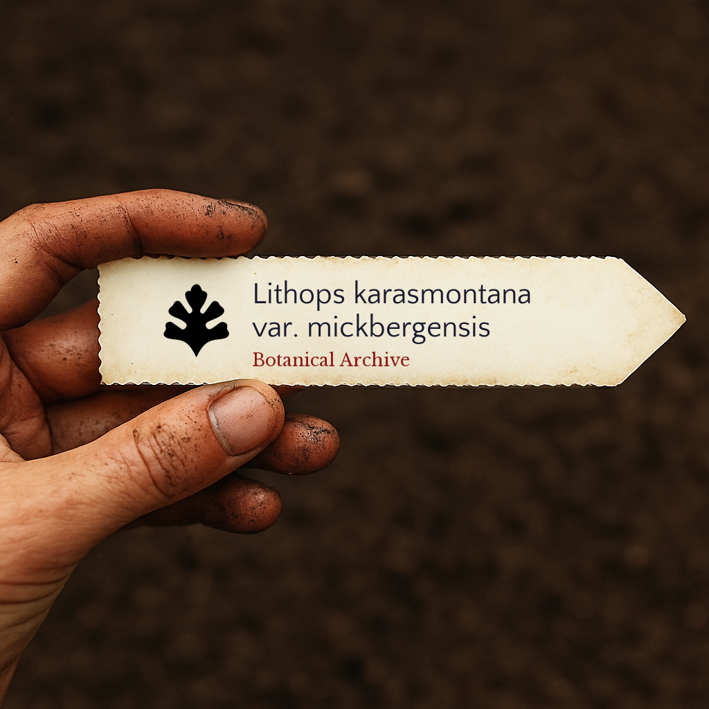 Etichetta vegetale stampata per Lithops karasmontana var. mickbergensis tenuta in mano sporca contro uno sfondo di terreno
