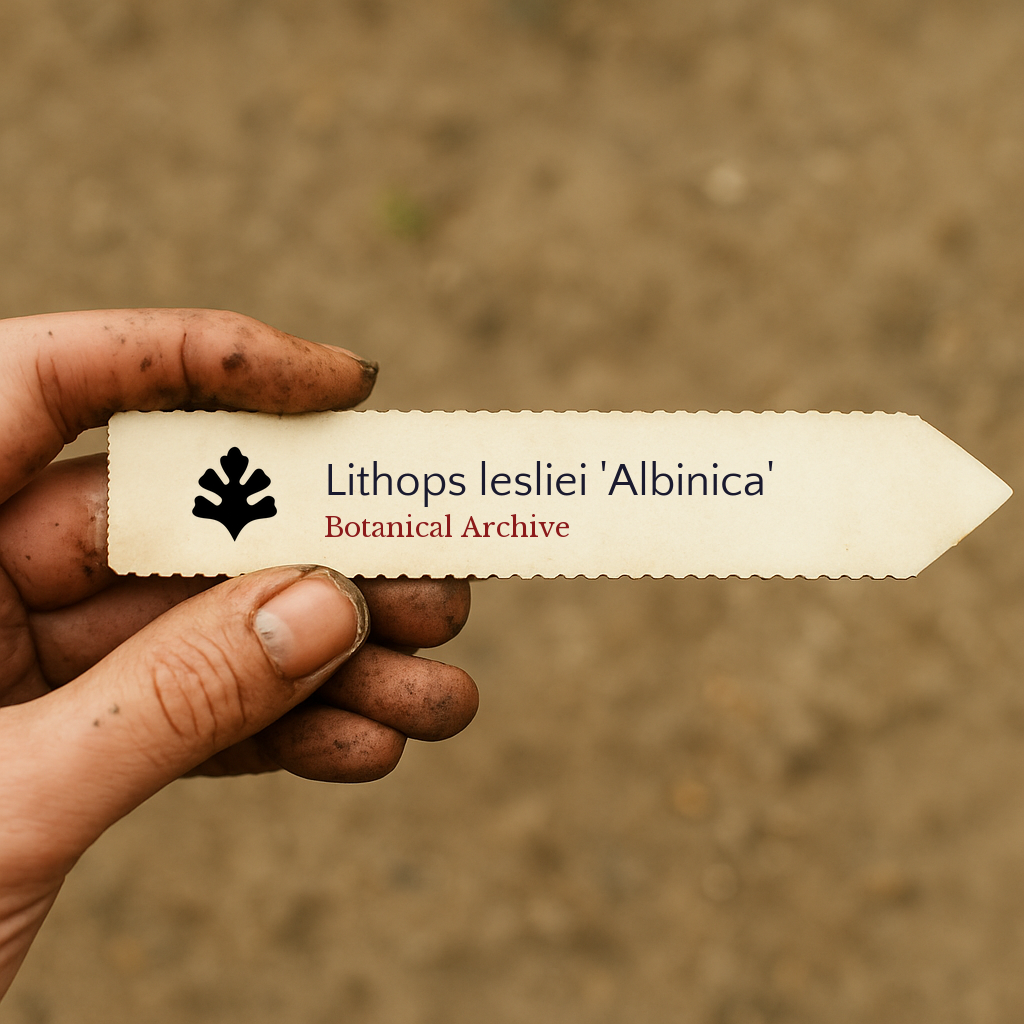 Printed plant label for Lithops lesliei 'Albinica' held by dirty hand outdoors