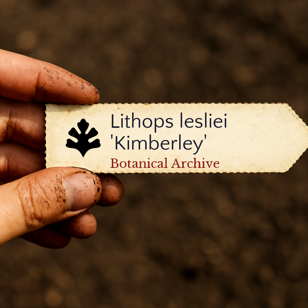 Etichetta stampata per pianta Lithops lesliei 'Kimberley' tenuta da una mano sporca su sfondo di terreno