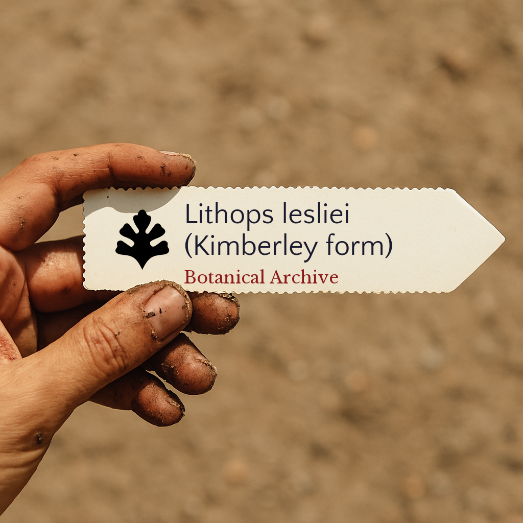 Printed plant label for Lithops lesliei (Kimberley form) held by dirty hand against soil background