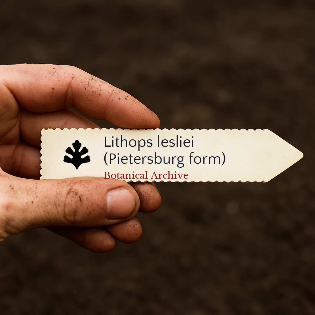 Printed plant label for Lithops lesliei (Pietersburg form) held over soil background