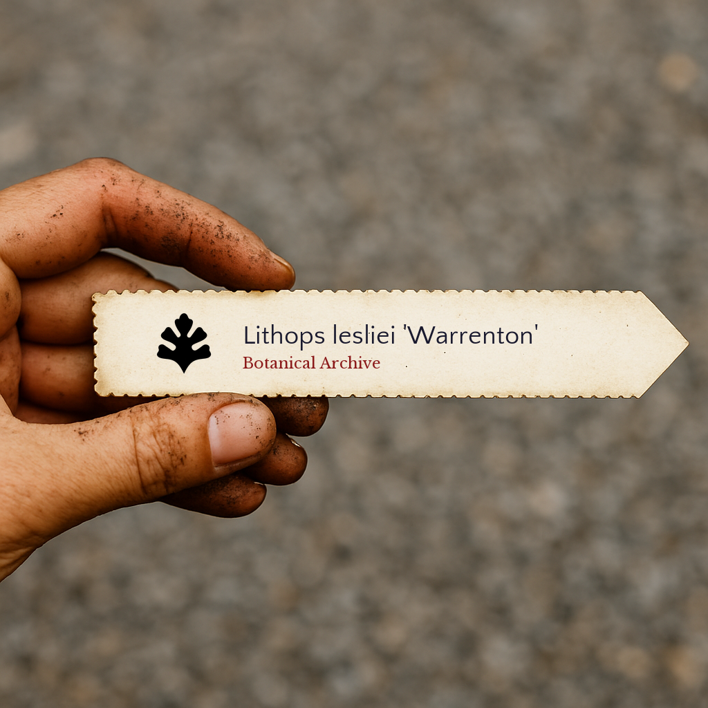 Etichetta per pianta stampata per Lithops lesliei 'Warrenton' tenuta da una mano sporca all'aperto