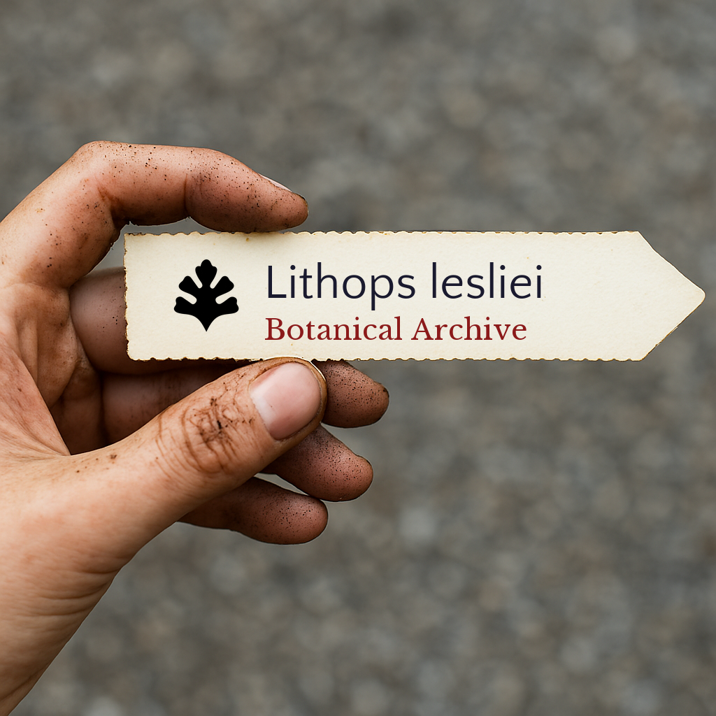 Printed plant label for Lithops lesliei with botanical archive logo held by dirty hand