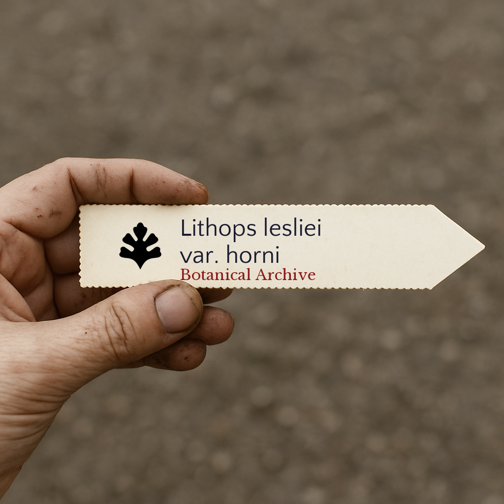 Printed plant label for Lithops lesliei var. horni held by hand with dirt background