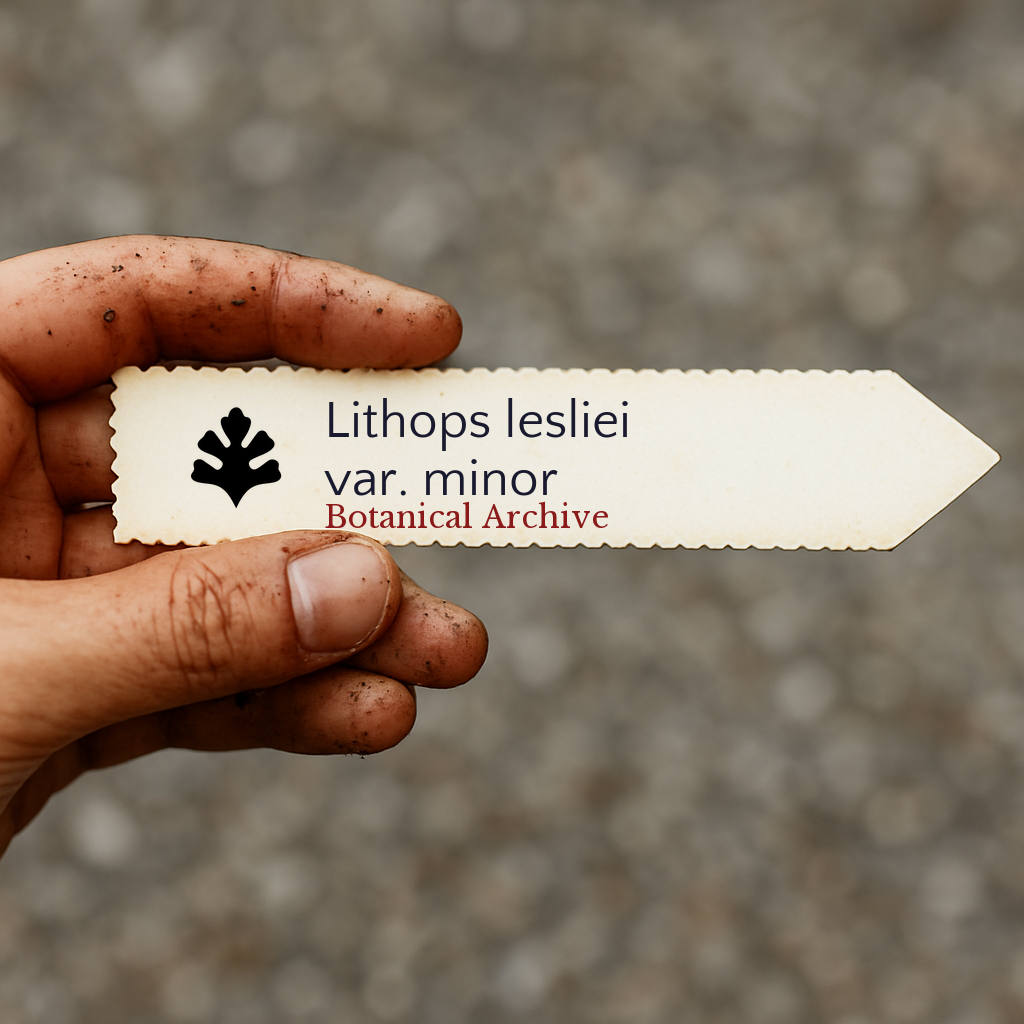 Printed plant label for Lithops lesliei var. minor held by dirty hand outdoors