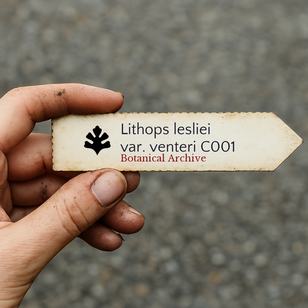 Printed plant label for Lithops lesliei var. venteri held by hand with dirt background