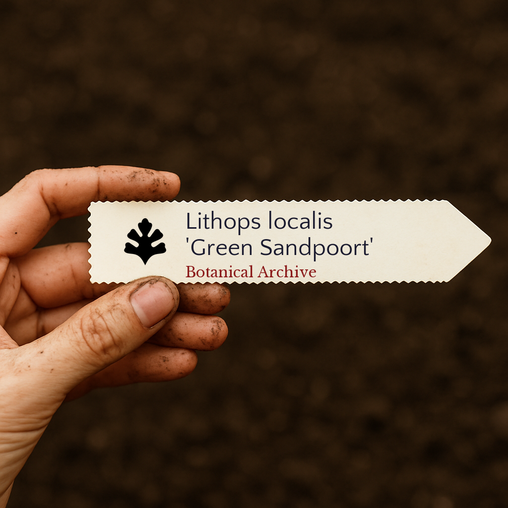 Etichetta della pianta stampata per Lithops localis 'Green Sandpoort' tenuta in mano con sfondo di terreno