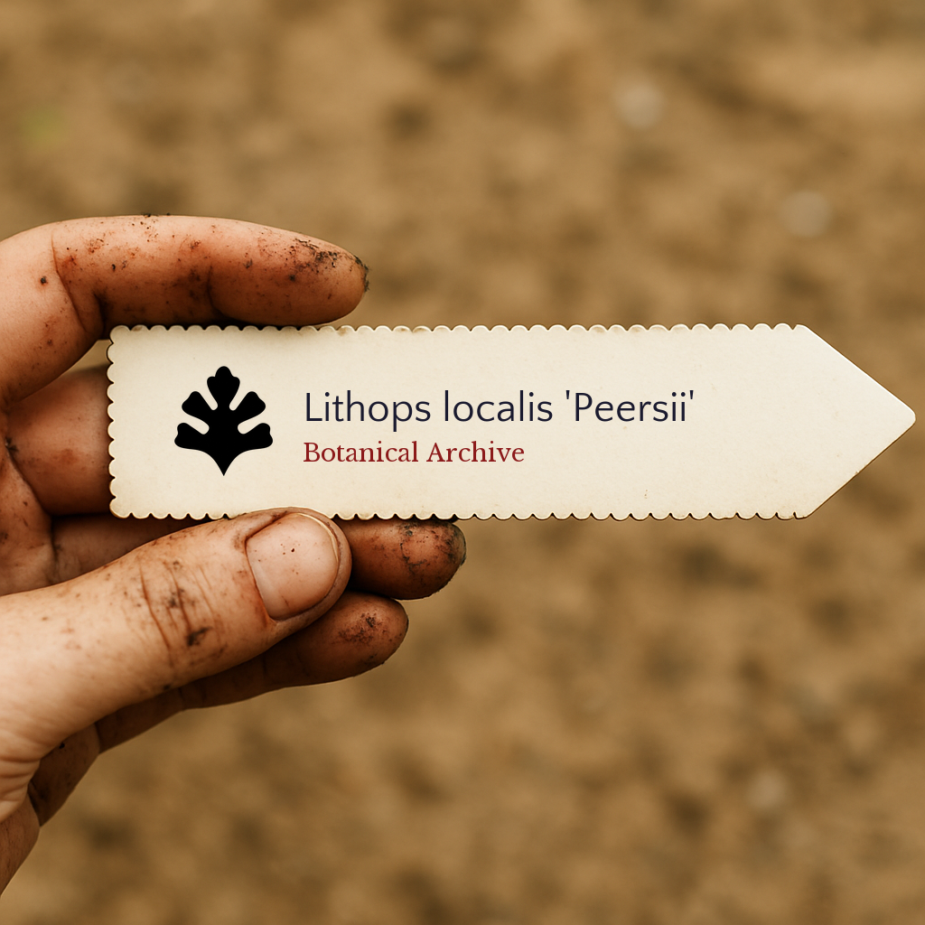 Printed plant label for Lithops localis 'Peersii' held by dirty hand outdoors