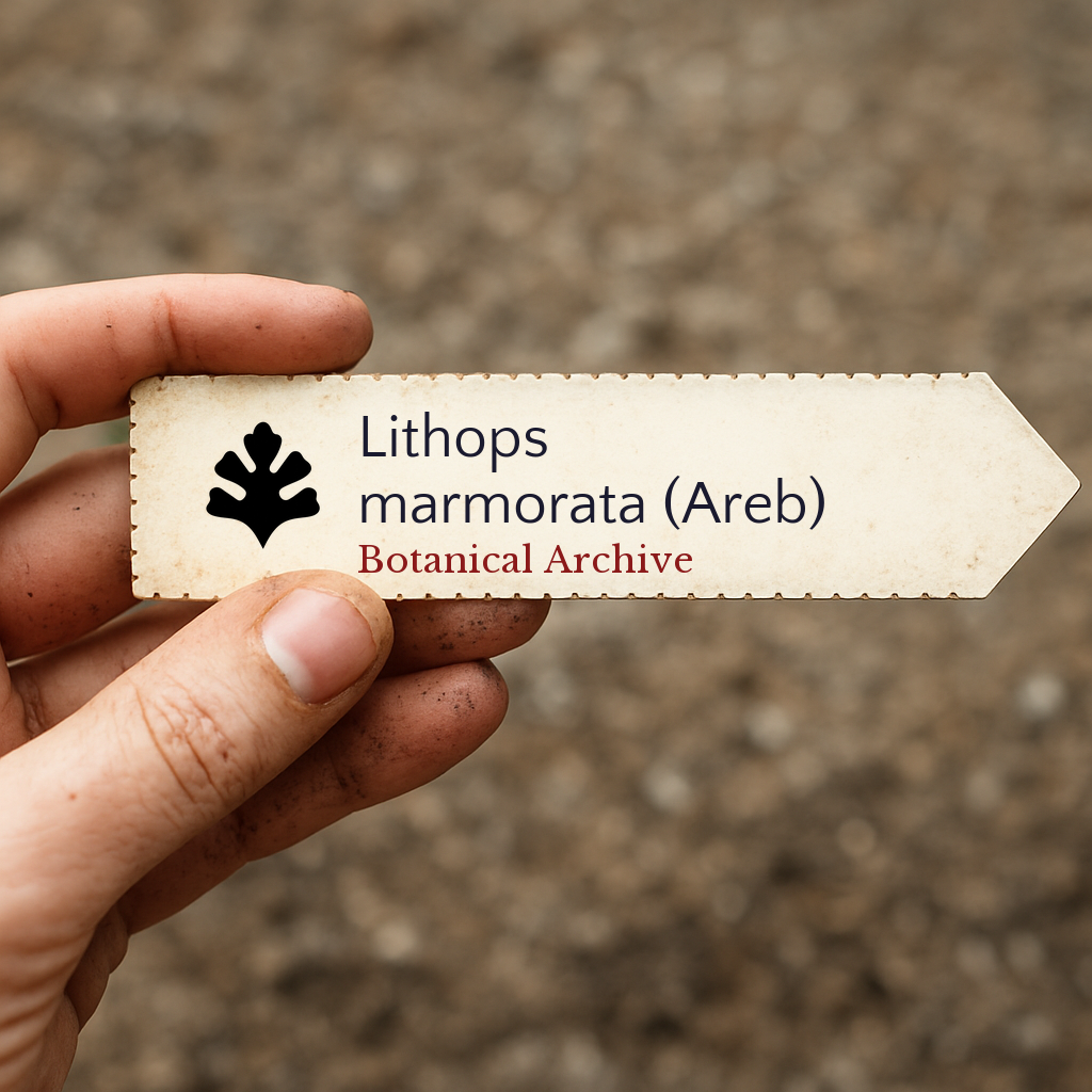 Etichetta per pianta stampata per Lithops marmorata (Areb) tenuta all'aperto con terra sulle dita