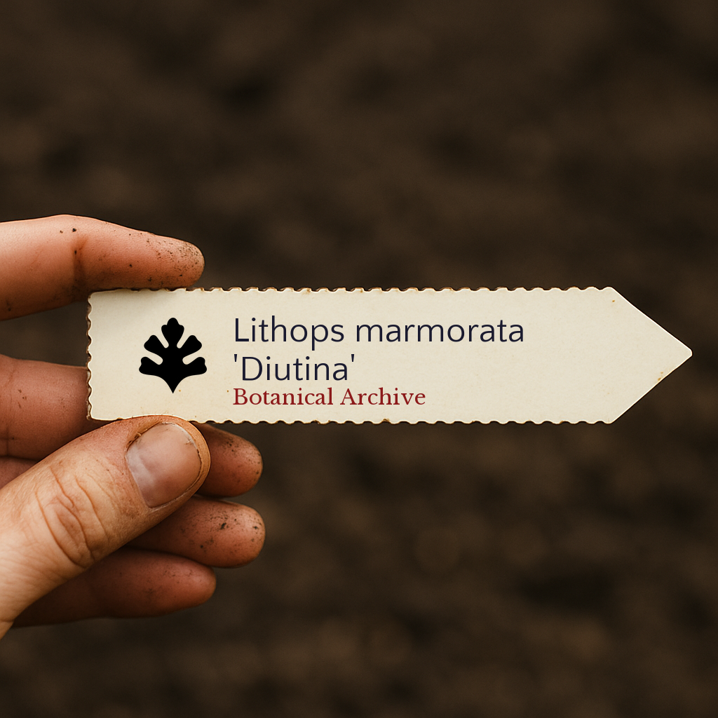 Etichetta stampata per pianta Lithops marmorata 'Diutina' su sfondo di terreno
