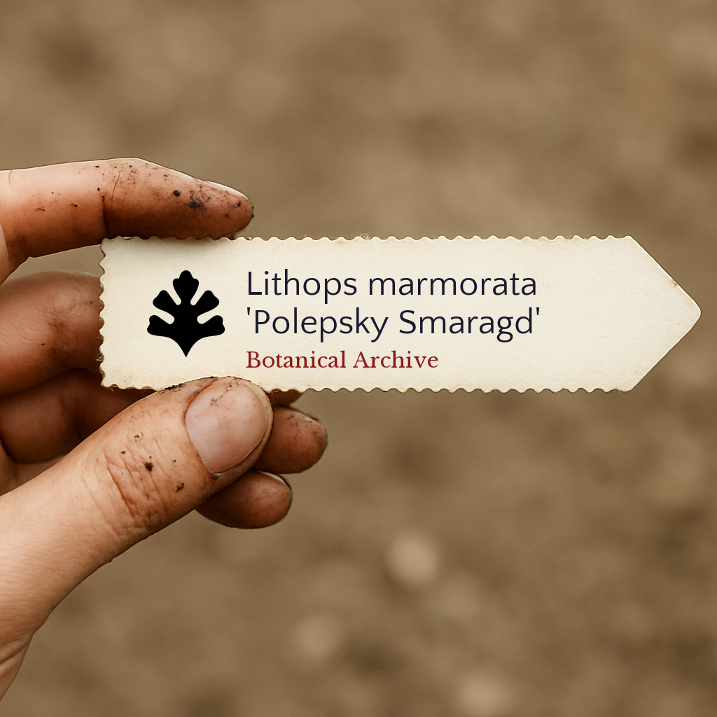 Printed plant label for Lithops marmorata 'Polepsky Smaragd' held by dirty hand outdoors