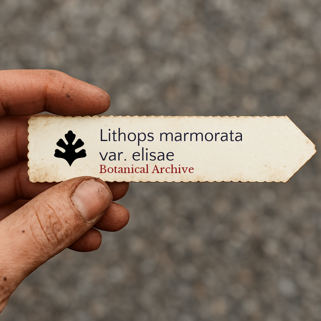 Printed plant label for Lithops marmorata var. elisae held by hand with dirt on fingers
