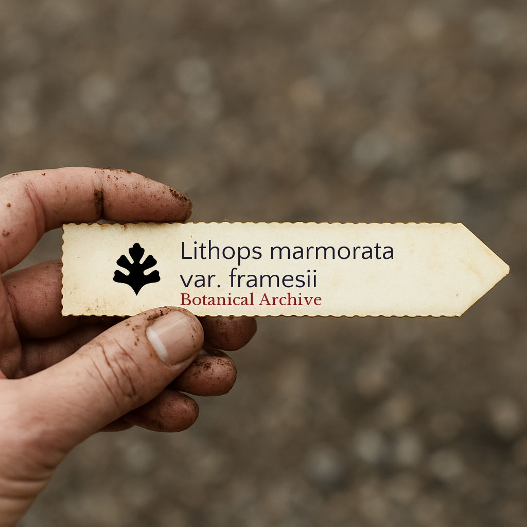 Printed plant label for Lithops marmorata var. framesii held by dirty hand outdoors