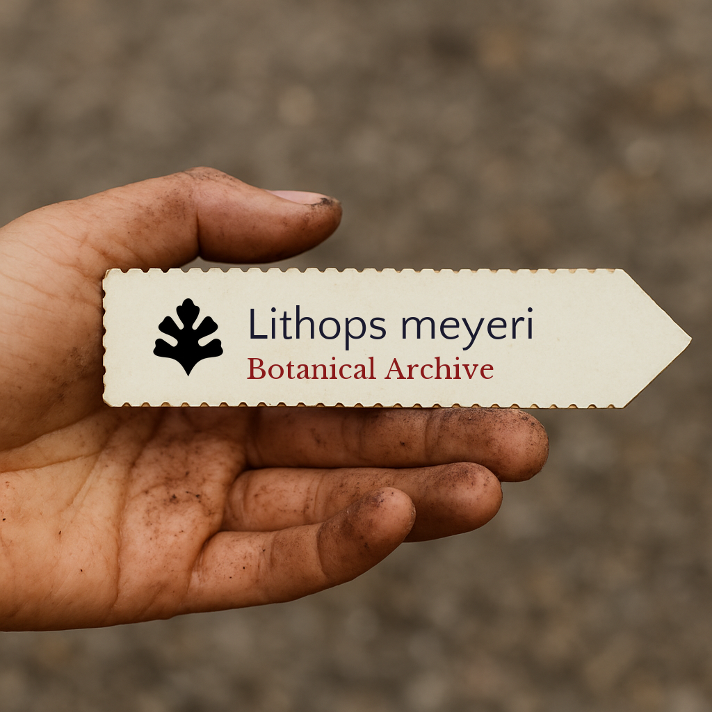 Printed plant label for Lithops meyeri held by dirty hand against blurred background