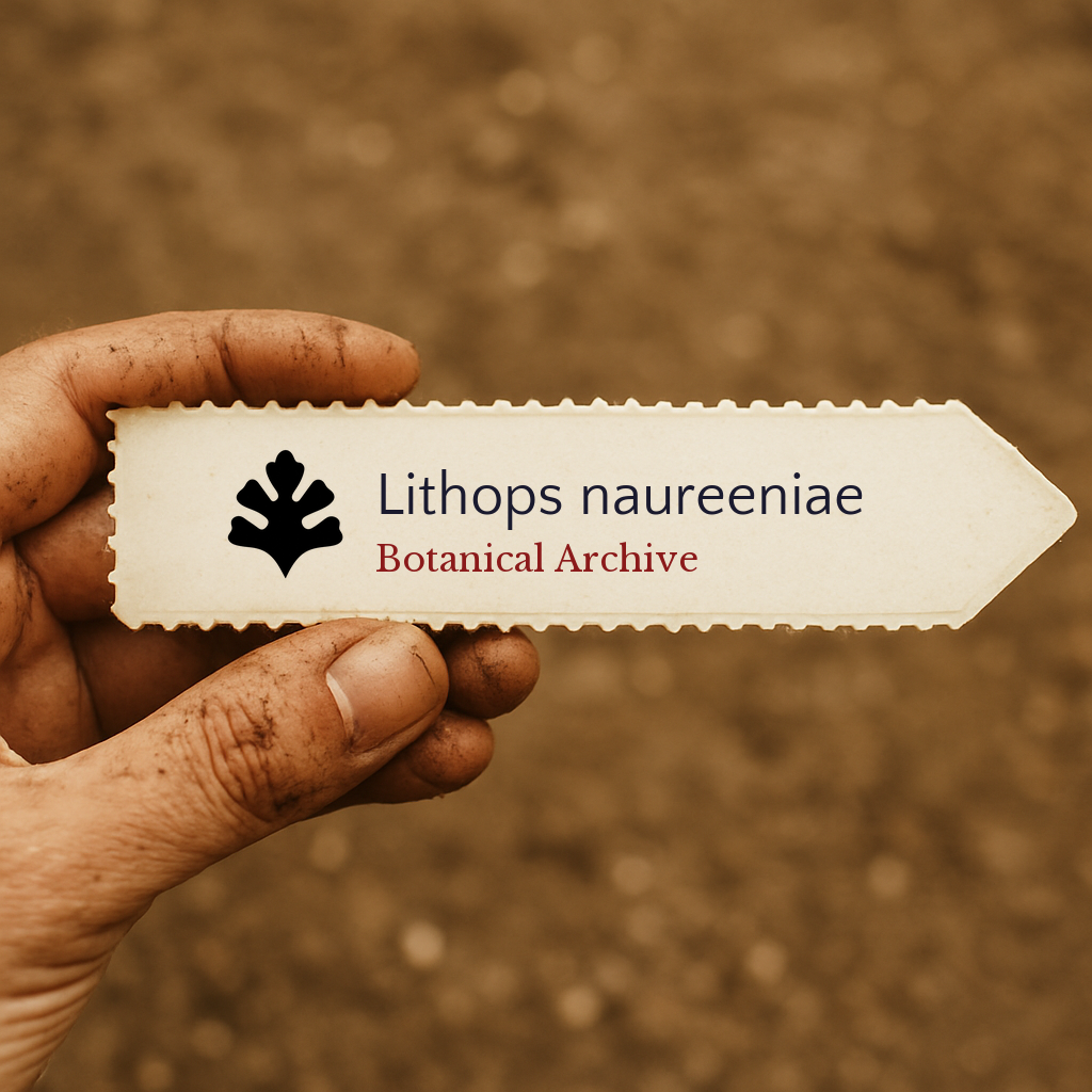 Etichetta stampata per pianta di Lithops naureeniae tenuta da una mano sporca contro uno sfondo di terreno sfocato