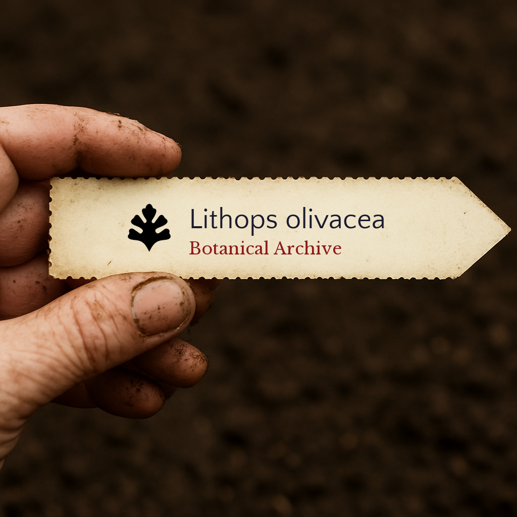 Printed plant label for Lithops olivacea held over soil background
