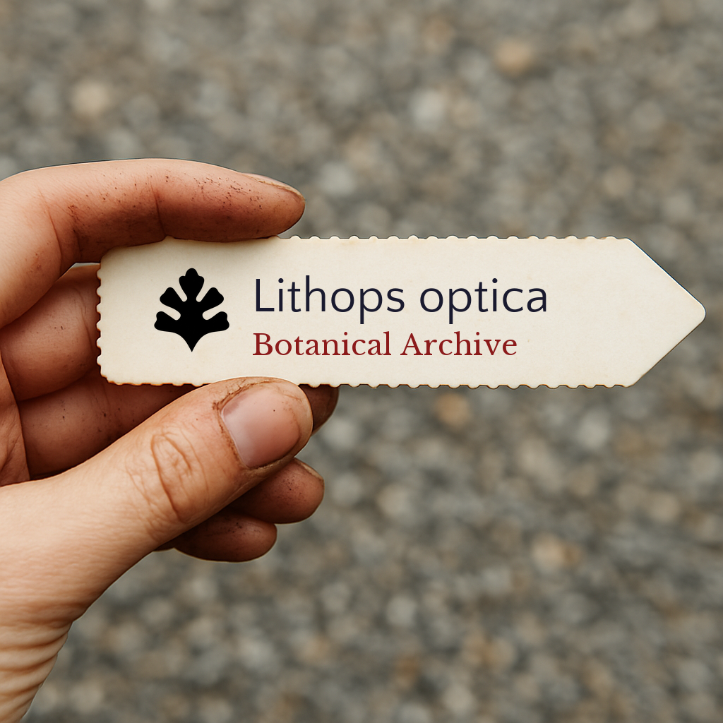 Etichetta stampata per pianta Lithops optica tenuta a mano con sfondo di ghiaia