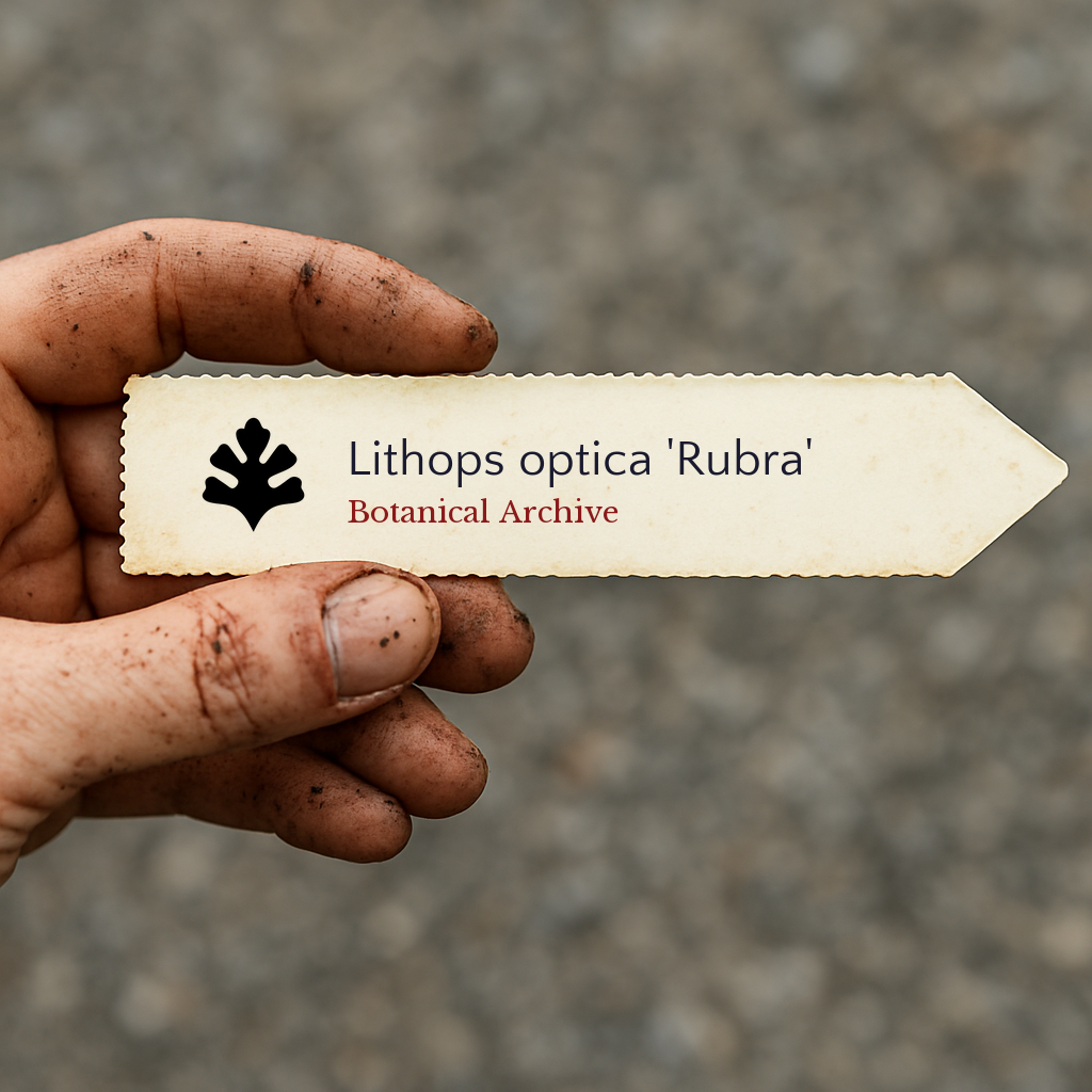 Etichetta per pianta stampata per Lithops optica 'Rubra' tenuta da mano sporca all'aperto