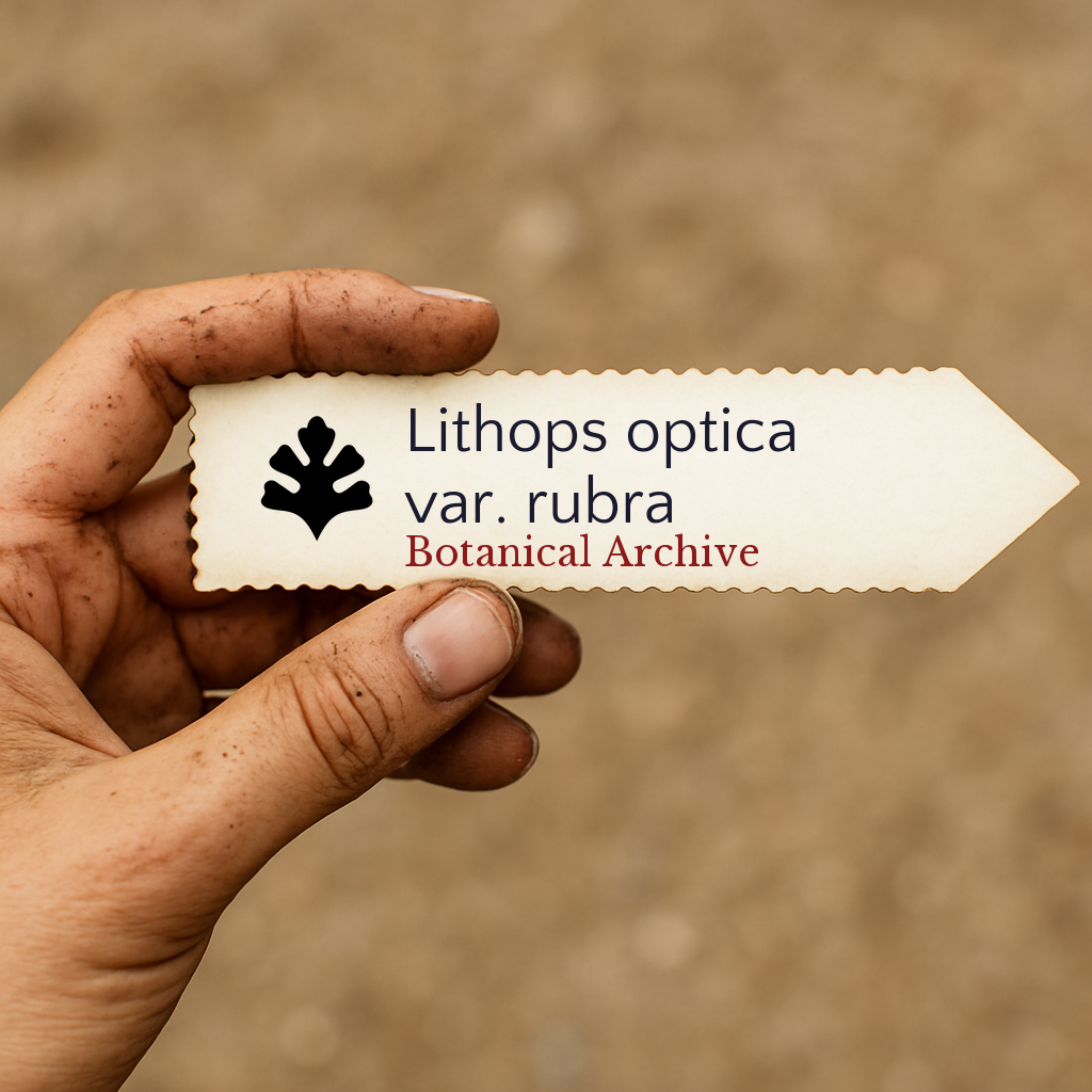 Etichetta stampata per pianta di Lithops optica var. rubra tenuta a mano con sfondo di terra
