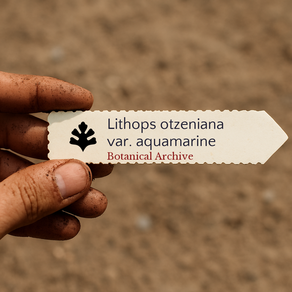 Printed plant label for Lithops otzeniana var. aquamarine held by dirty hand outdoors
