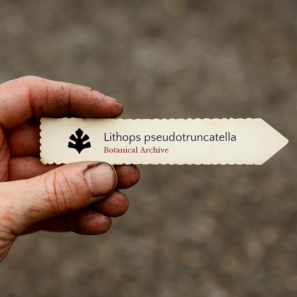 Printed plant label for Lithops pseudotruncatella held by dirty hand with blurred background